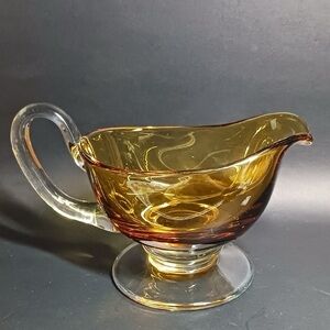 Large Williams Sonoma Amber Citrine and Clear Glass Footed Gravy Sauce Boat